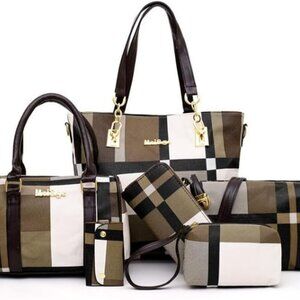 Women 6pcs Tote Purse Handbags Set PU Leather Top-Handle Crossbody Bag Clutch Wa